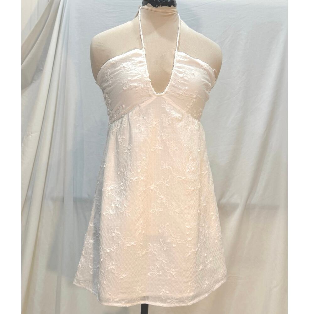 Princess Polly White Floral Embroidered Halter Mini Dress US 4 - Picture 2 of 8